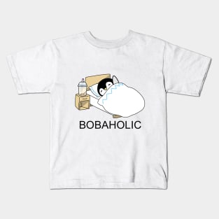 Bobaholic Little Penguin Chilling in Bed with some Boba! Kids T-Shirt